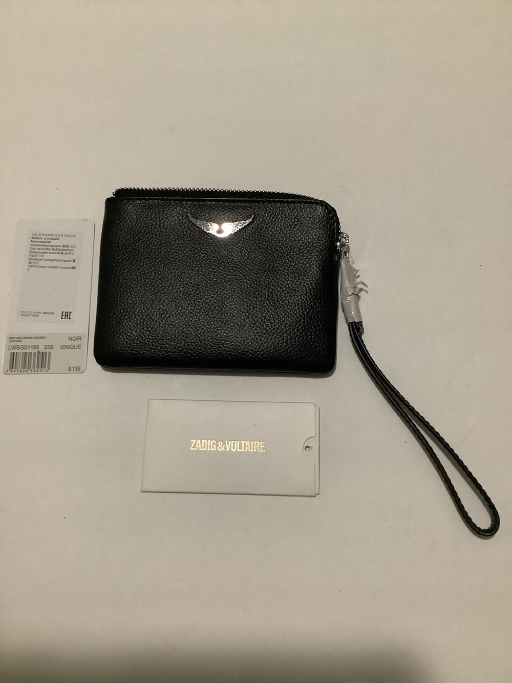 Zadig & Voltaire Mini Uma Wings Black Grained Leather Wristlet Silver Zip Close